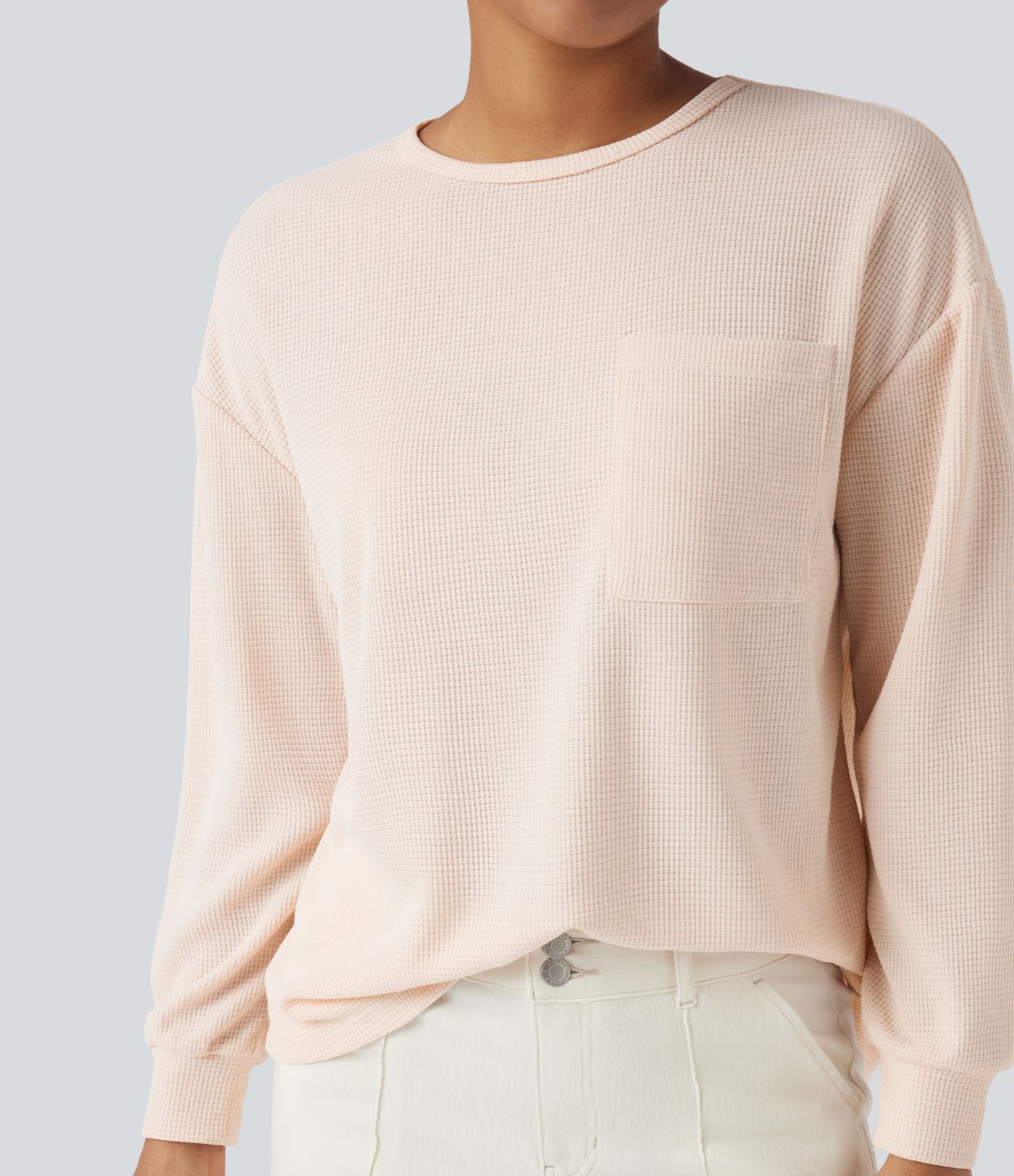 T-shirt gaufré col rond manches longues avec poche
