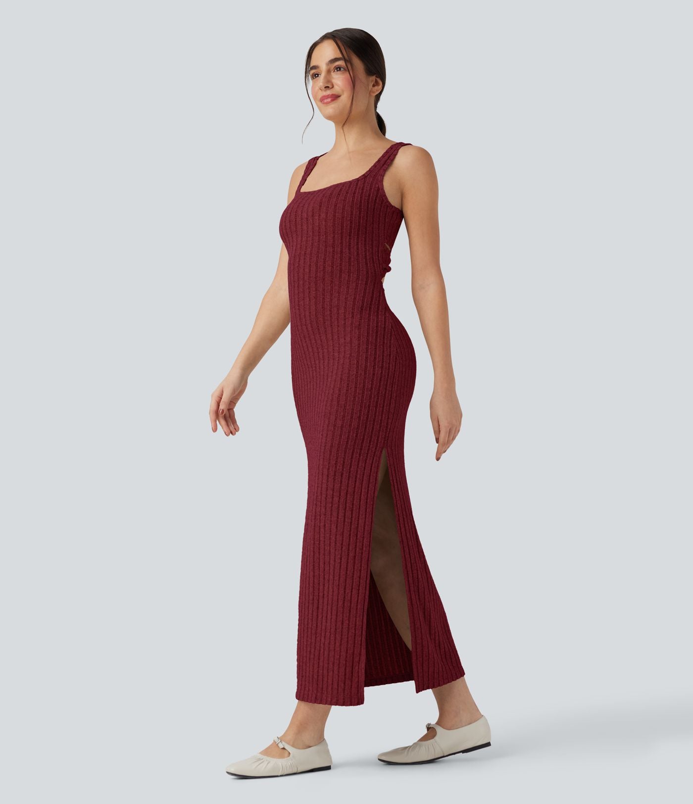 Robe longue moulante décontractée maille côtelée col carré sans manches dos torsadé avec fente
