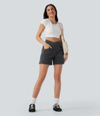 Halara Flex™ Short décontracté évasé à jambe large en denim extensible délavé taille haute croisée avec poches multiples