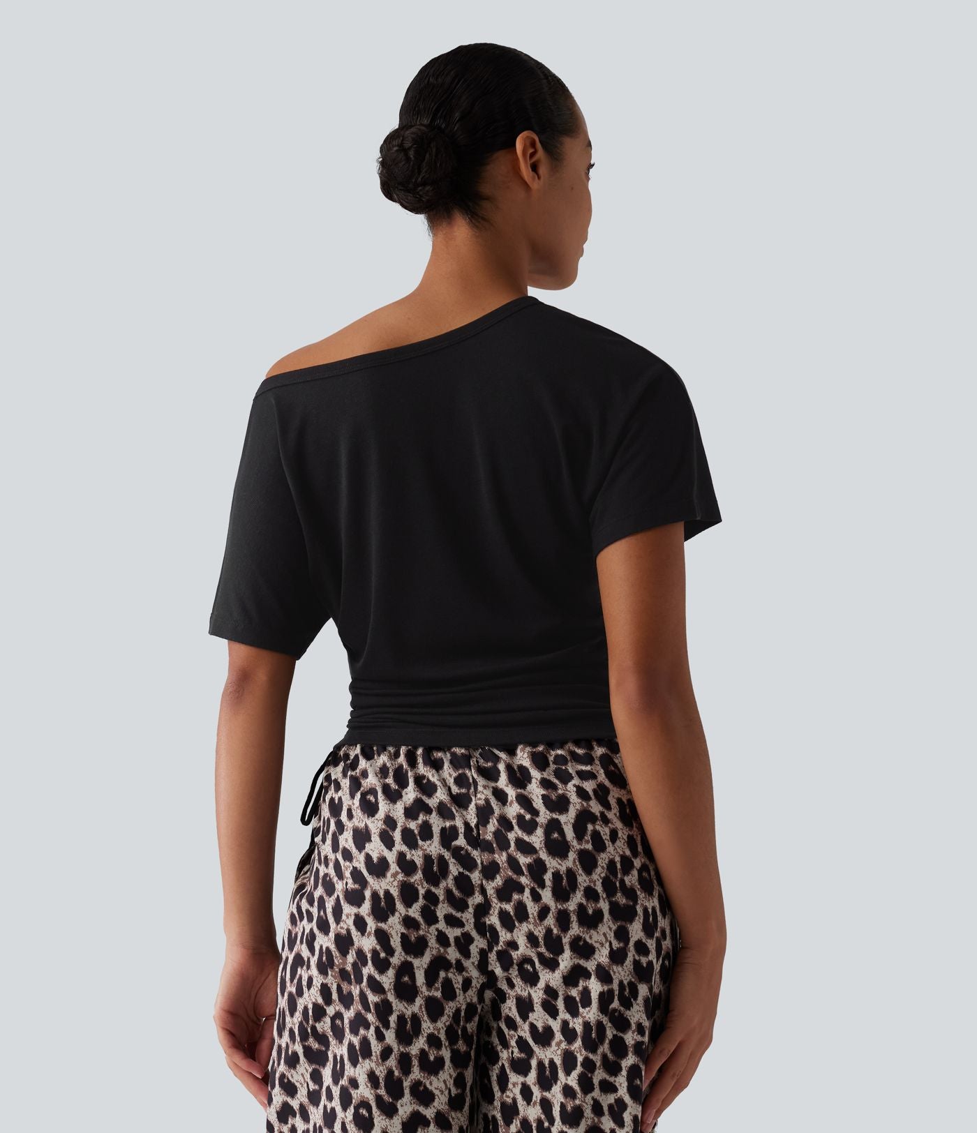 T-shirt décontracté asymétrique manches courtes avec cordon de serrage mélange laine
