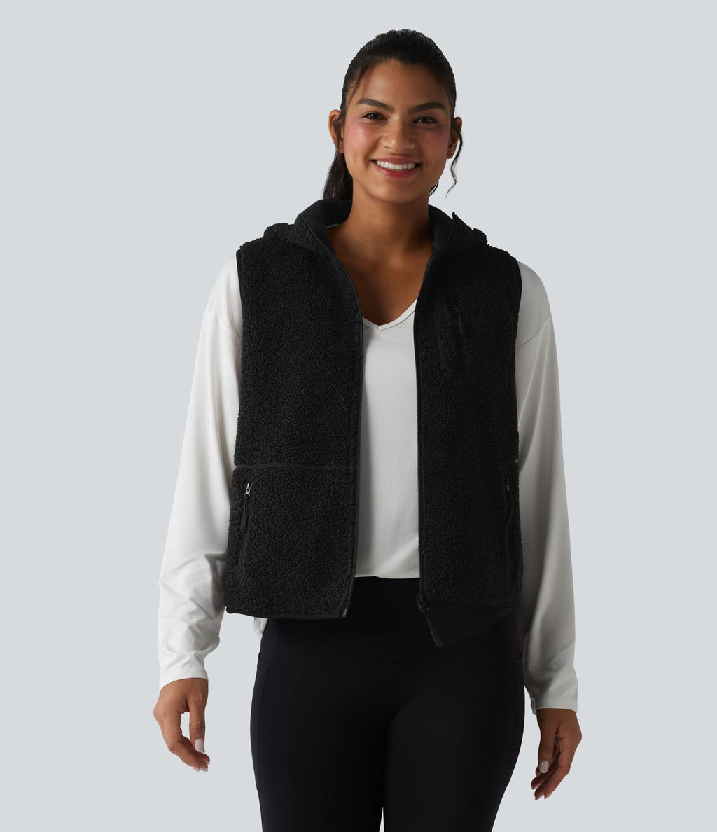 Gilet de sport sherpa à capuche avec poches