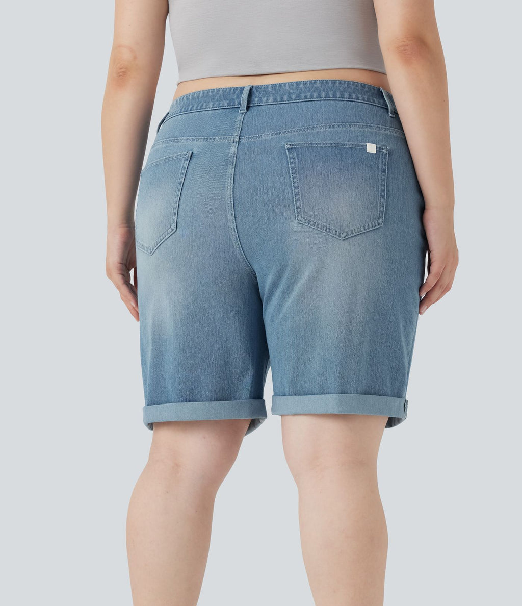 Short bermuda casual denim grande taille Halara Flex™ tricot extensible délavé taille haute multiples poches ourlet roulotté