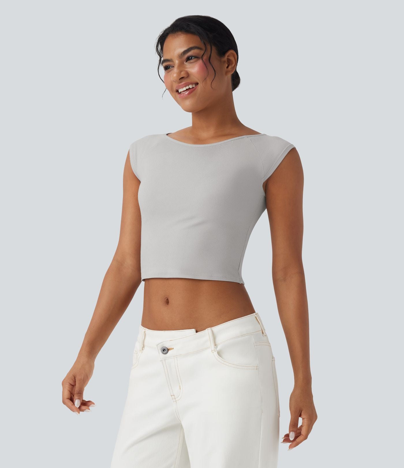 Haut casual crop tricot côtelé col bateau manches courtes