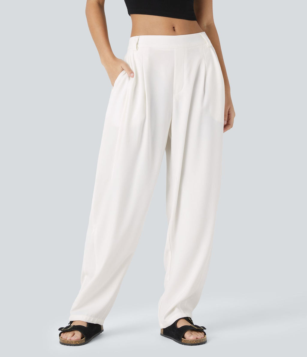 Pantalon tailleur ample, taille moyenne, coupe barrel, à poches