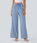 Pantalon de vacances jambes larges taille haute en tissu gaufré à rayures avec cordon de serrage et poches