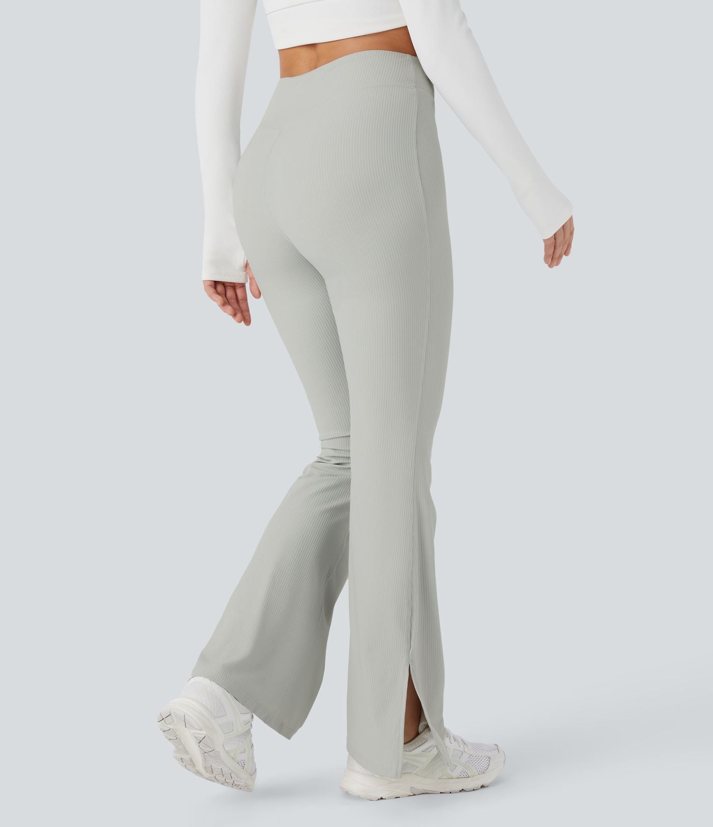 Pantalon Yoga Longs Taille Haute Évasés Fente en Tricot Côtelé
