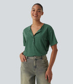 T-shirt casual ample chiné henley manches courtes