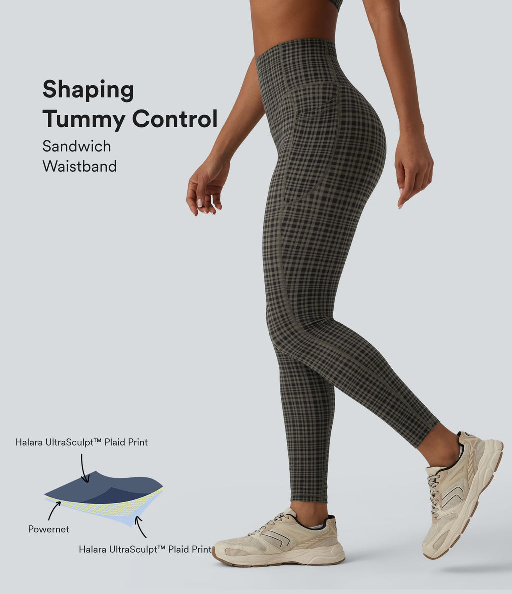 Legging de running Halara UltraSculpt™ gainant taille haute imprimé à carreaux avec poches