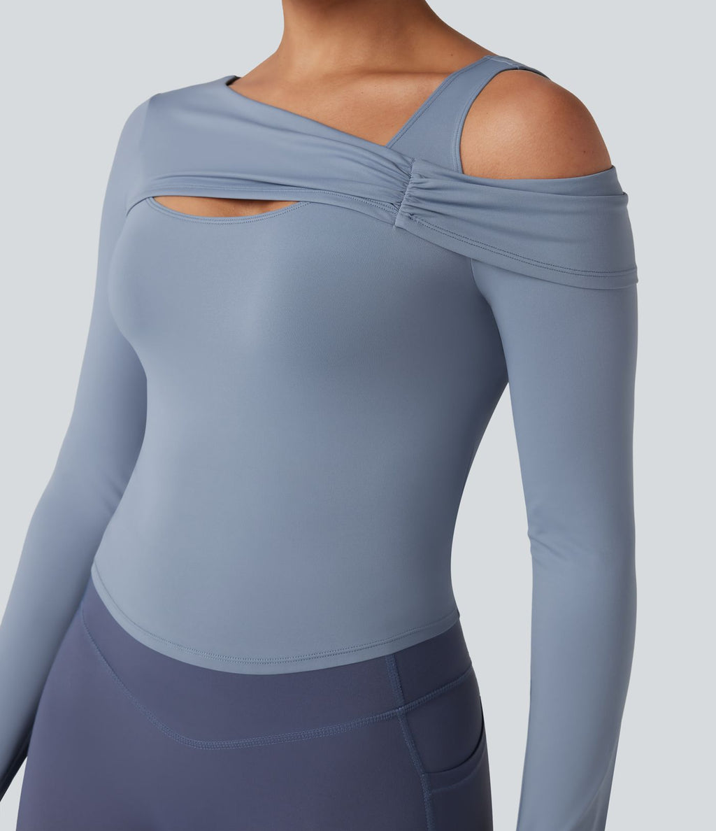 Top de sport yoga épaule asymétrique manches longues avec trous pouces