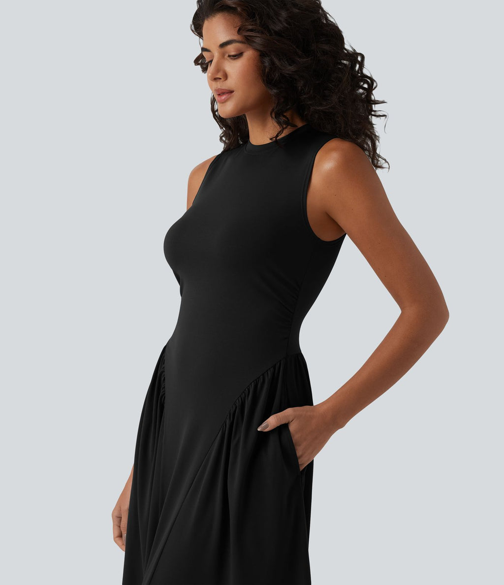 Robe midi casual fluide sans manches à col rond avec poches