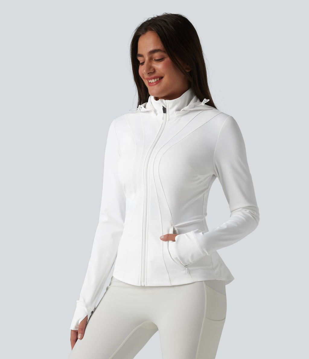 Veste de randonnée ajustée capuche amovible à trous pouces ourlet volants