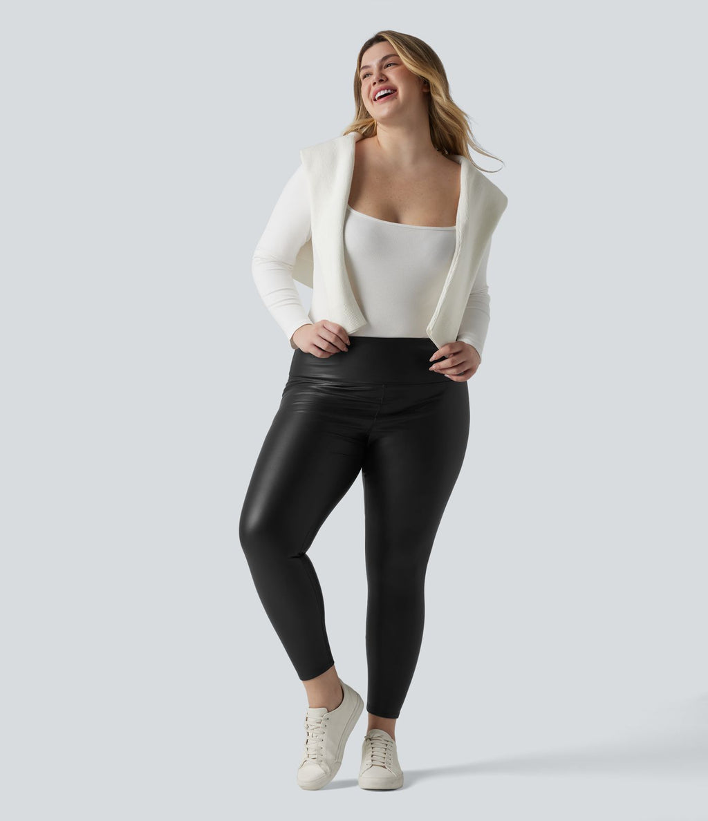 Leggings 7/8 grande taille en simili extensible effet ventre plat, taille haute, intérieur polaire, avec poches