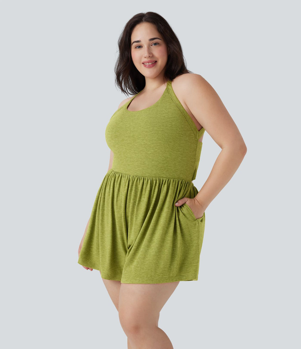 Combinaison-short de séjour grande taille 2-en-1 dos nu torsadée avec poches - Easy Peasy Edition