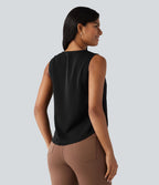 Blouse esprit bureau défroissage facile, col V, dentelle contrastée, fronces et sans manches