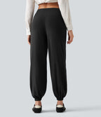 Pantalon de jogging taille haute en lin stretch avec poches