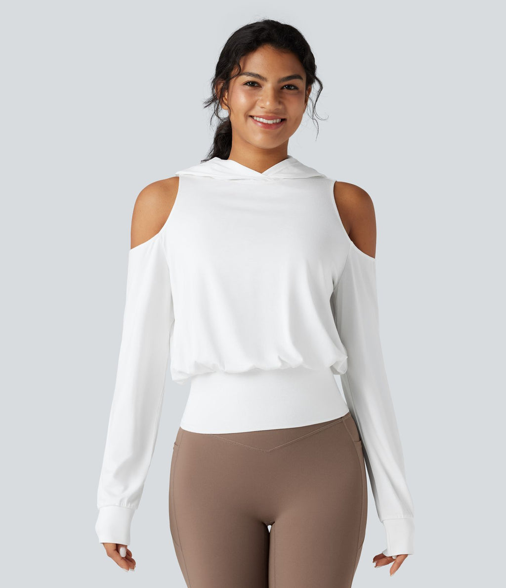Sweat-shirt de sport à capuche épaules dénudées manches longues