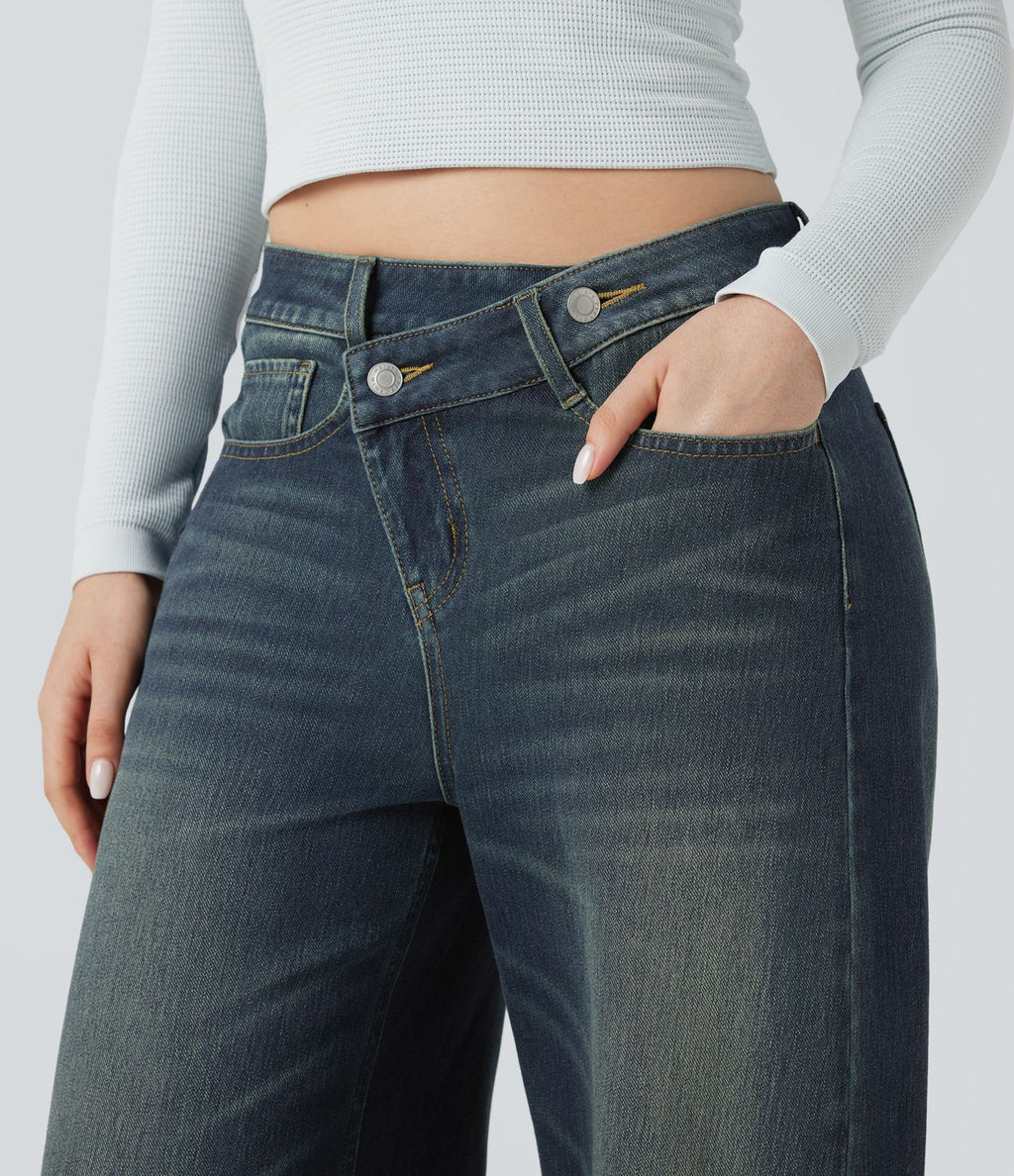 Jean Barrel Halara Flex™ asymétrique délavé taille mi-haute avec poches