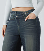 Jean Barrel Halara Flex™ asymétrique délavé taille mi-haute avec poches