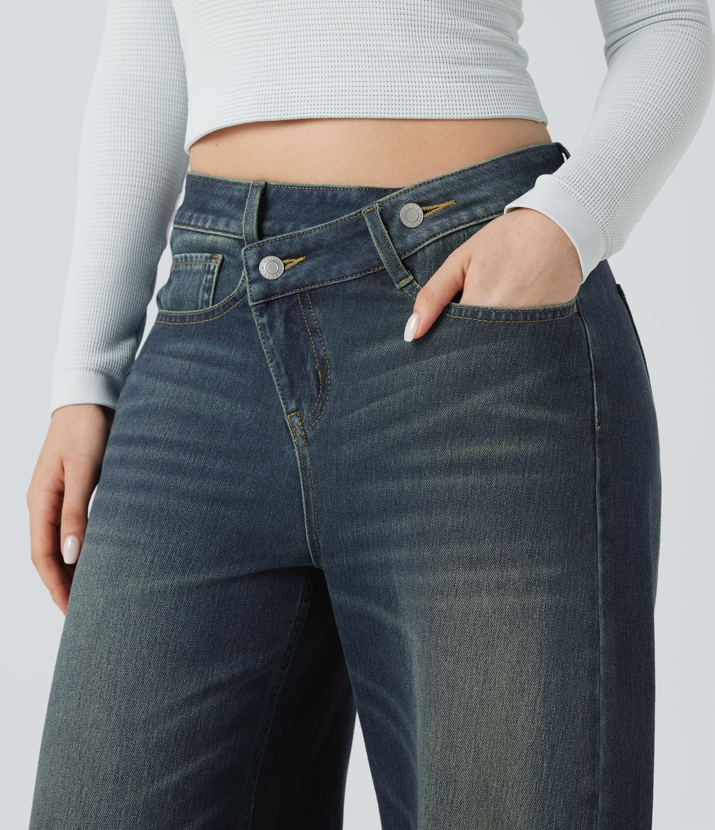 Jean Barrel Halara Flex™ asymétrique délavé taille mi-haute avec poches