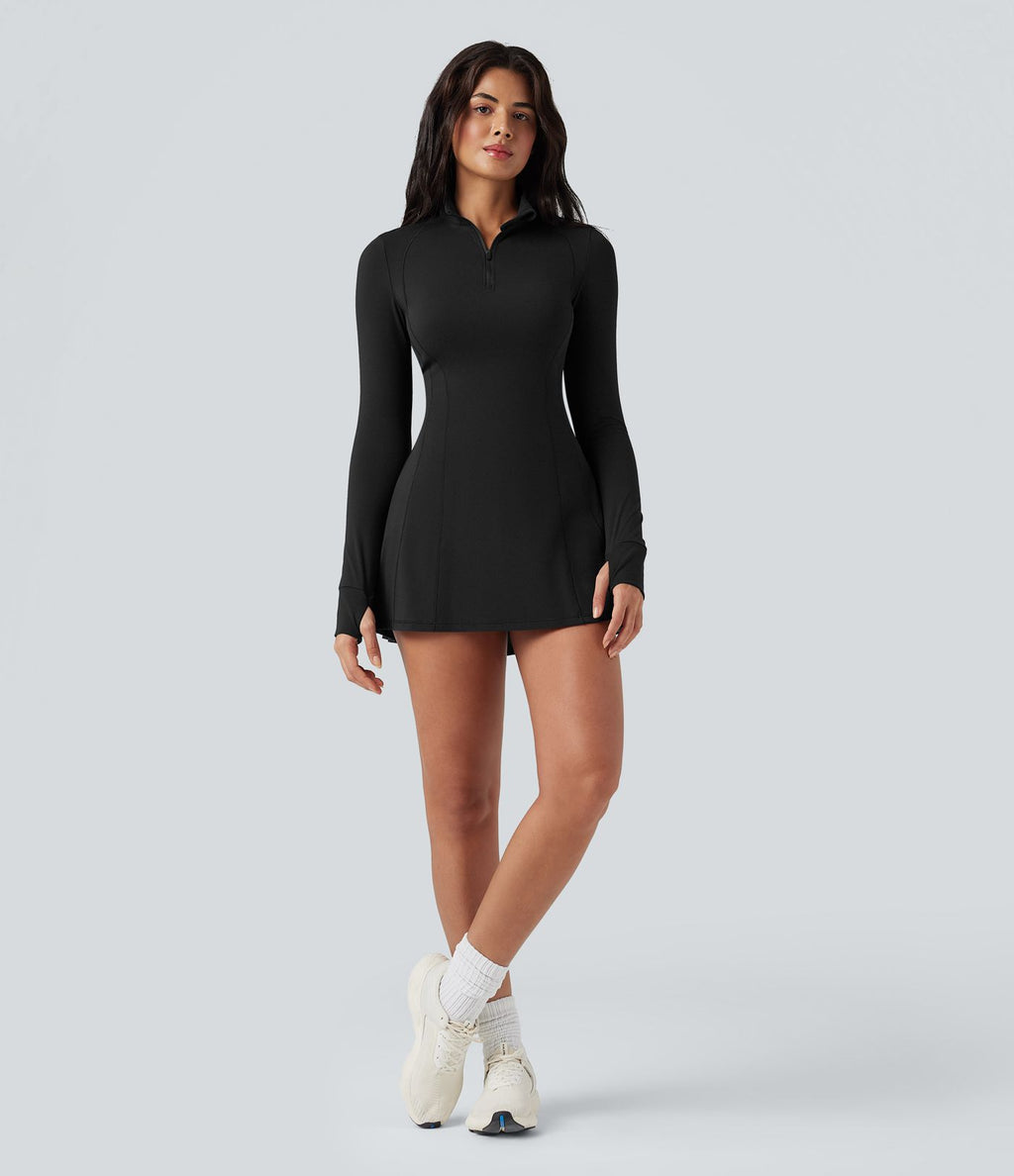 Robe de tennis active courte SoftlyZero™ Plush 2-pièces demi-zip manches longues avec trous pouces et poches