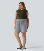 Short casual aspect lin grande taille taille haute avec cordon de serrage et poches
