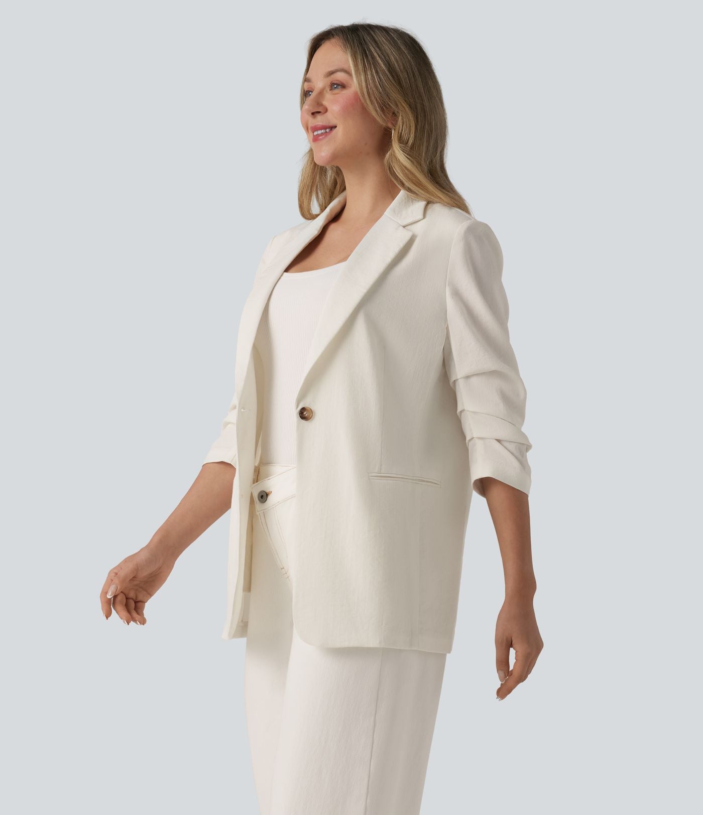 Blazer à manches 3/4 froncées, aspect lin, avec poches, idéal pour le bureau