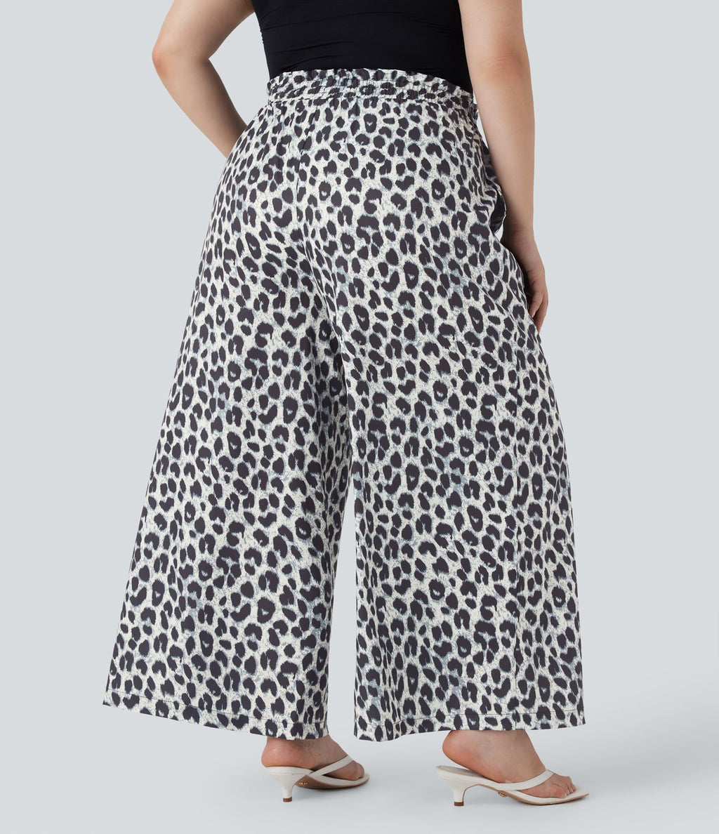 Pantalon décontracté grande taille large fluide taille haute imprimé léopard avec cordon de serrage et poches latérales