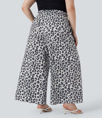 Pantalon décontracté grande taille large fluide taille haute imprimé léopard avec cordon de serrage et poches latérales