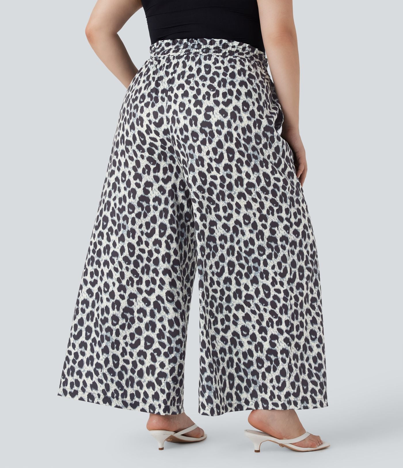 Pantalon décontracté grande taille large fluide taille haute imprimé léopard avec cordon de serrage et poches latérales
