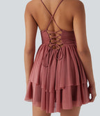 Robe Soirée Mini Superpositions en Maille avec Dos Nu Croisé Lacets