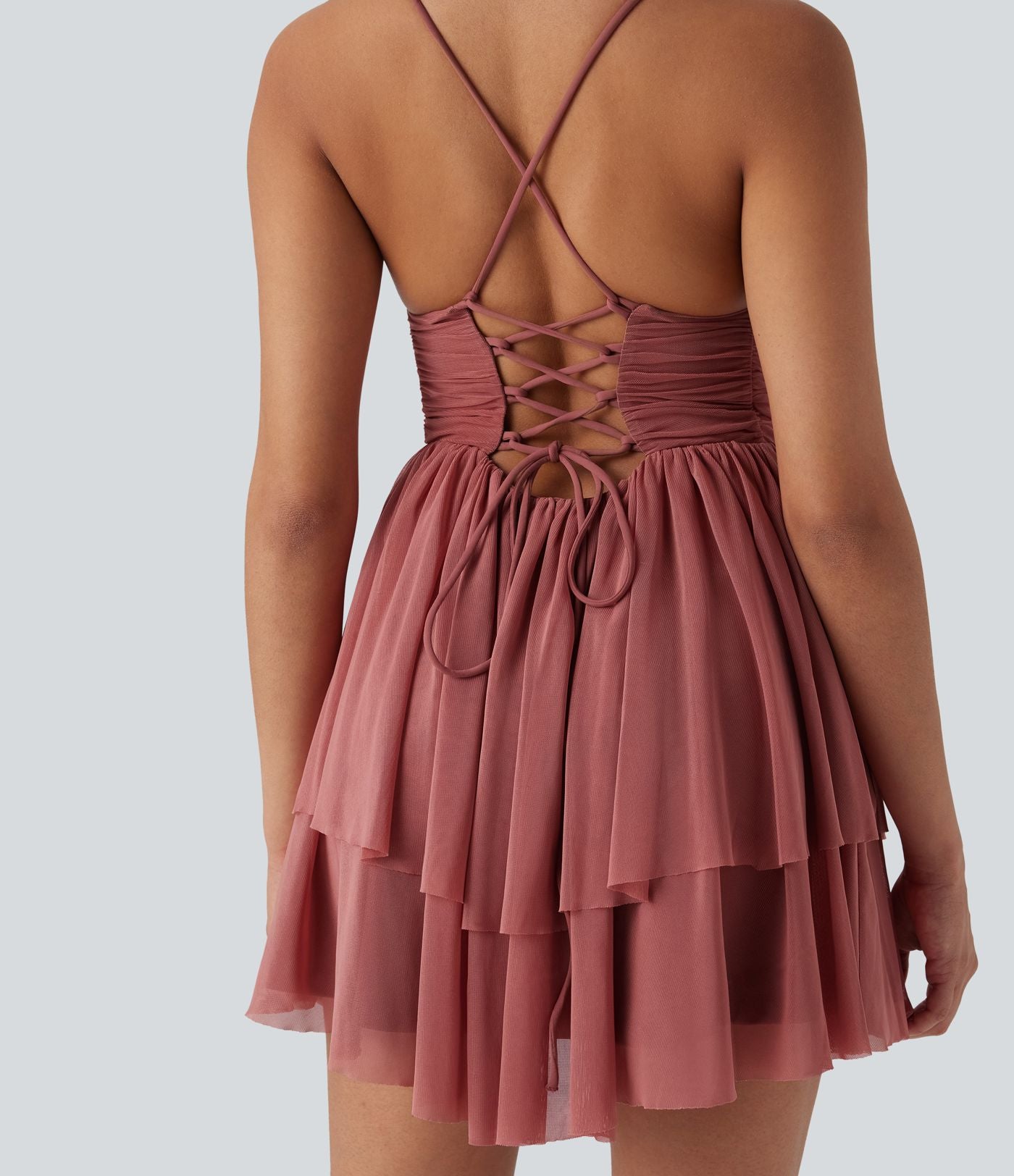 Robe Soirée Mini Superpositions en Maille avec Dos Nu Croisé Lacets