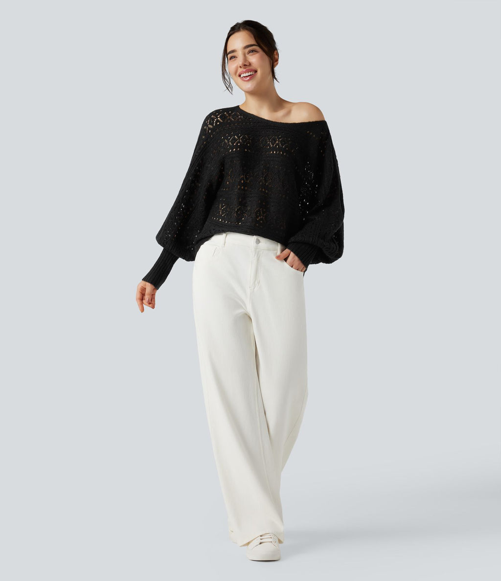 Pull ajouré col rond manches chauve-souris longues