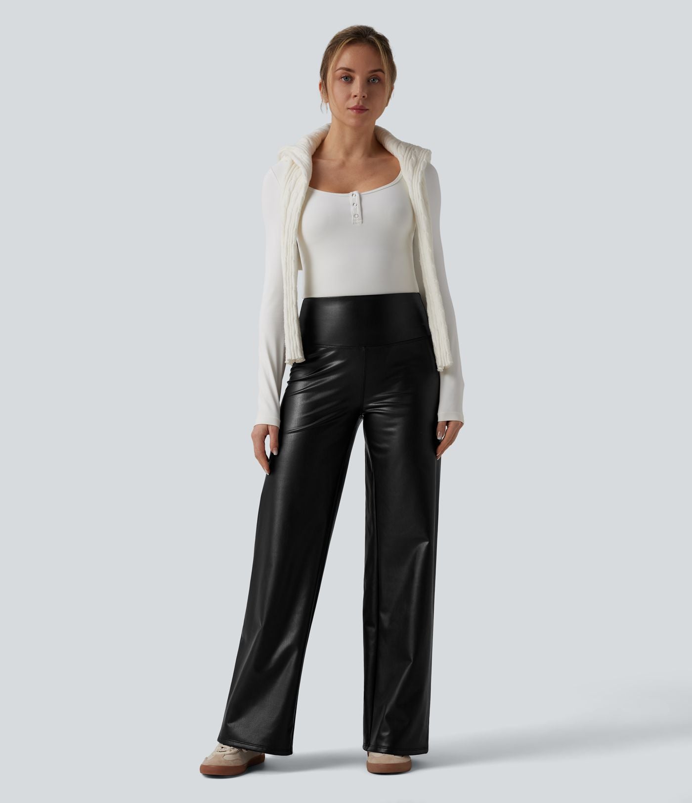 Pantalon large décontracté gainant taille haute extensible en molleton PU avec poches