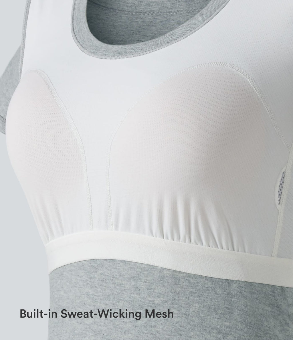 Halara T-shirt en jersey de coton col rond échancré manches courtes avec soutien-gorge intégré bonnets B-DD