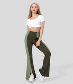 Pantalon Casual Évasés Taille Haute Contrôle du Ventre Ourlet Fendu et Color Block