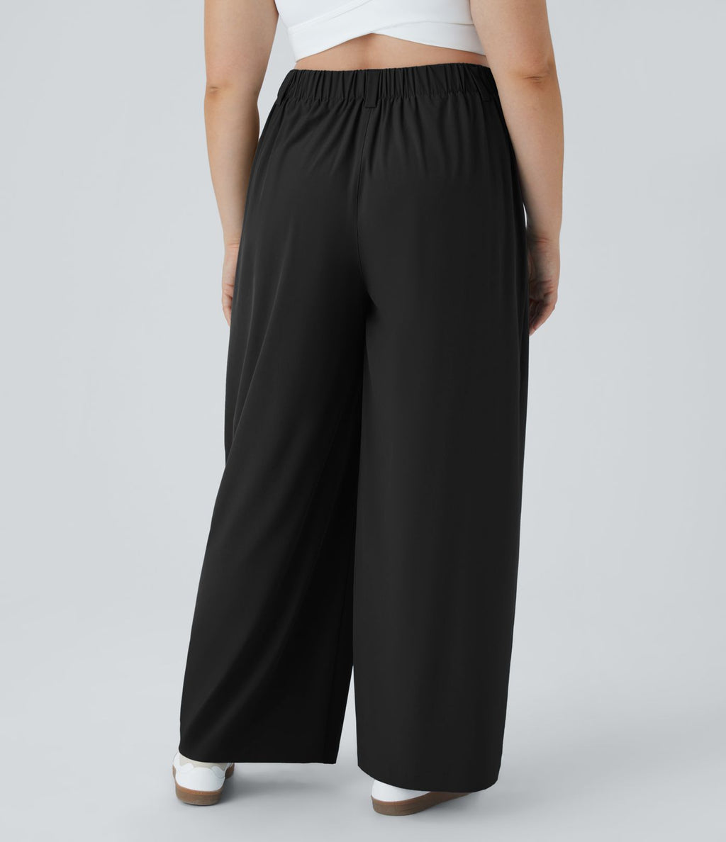 Breezeful™ Pantalon Évasé Palazzo Grande Taille Casual Taille Haute avec Plis Poche Latérale Fluide Uni et Séchage Rapide