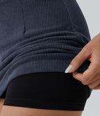 Mini-Jupe Casual en Velours Côtelé 2 en 1 Fermeture Éclair Invisible Taille Haute