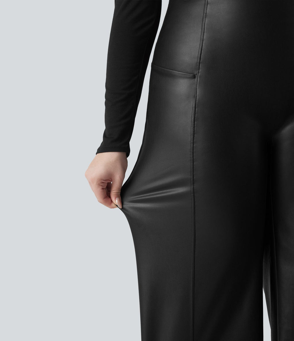 Pantalon flare grande taille en simili stretch doublé polaire, taille haute effet ventre plat avec poches