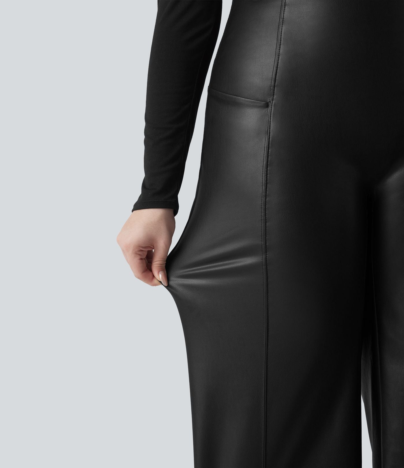 Pantalon flare grande taille en simili stretch doublé polaire, taille haute effet ventre plat avec poches