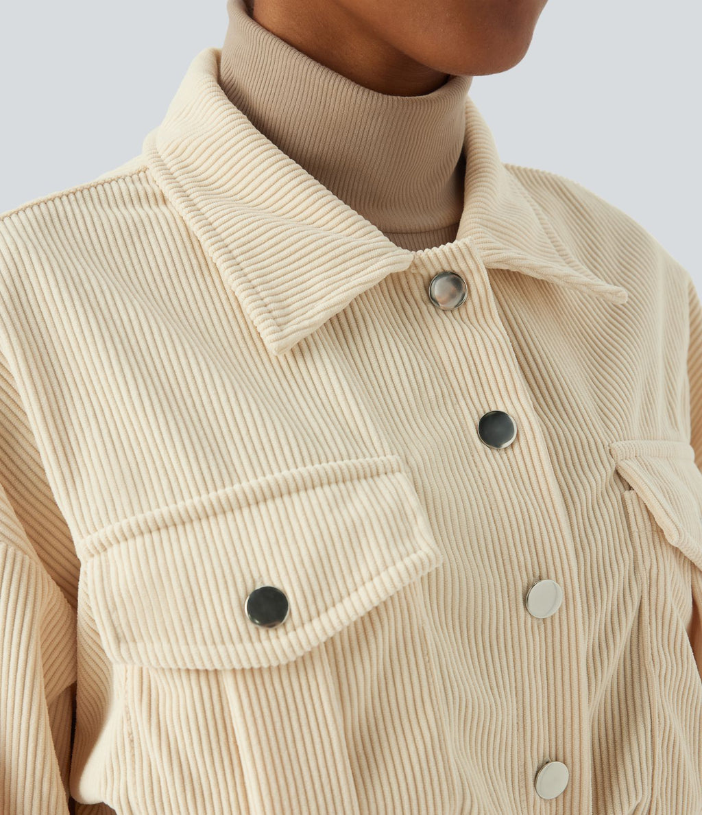 Veste Casual en Velours Côtelé à Boutons Poches Col Court