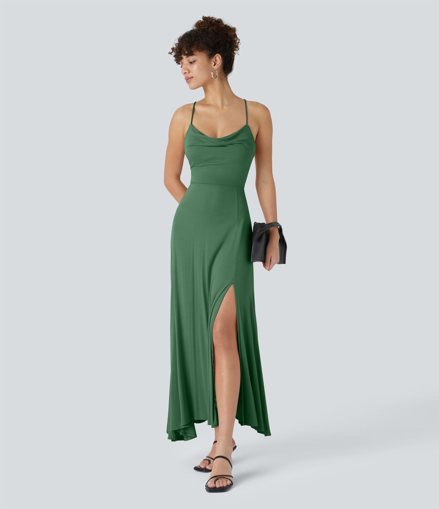 Robe Soirée Midi Encolure Côtelée Dos Nu Lacets Croisés Fendue