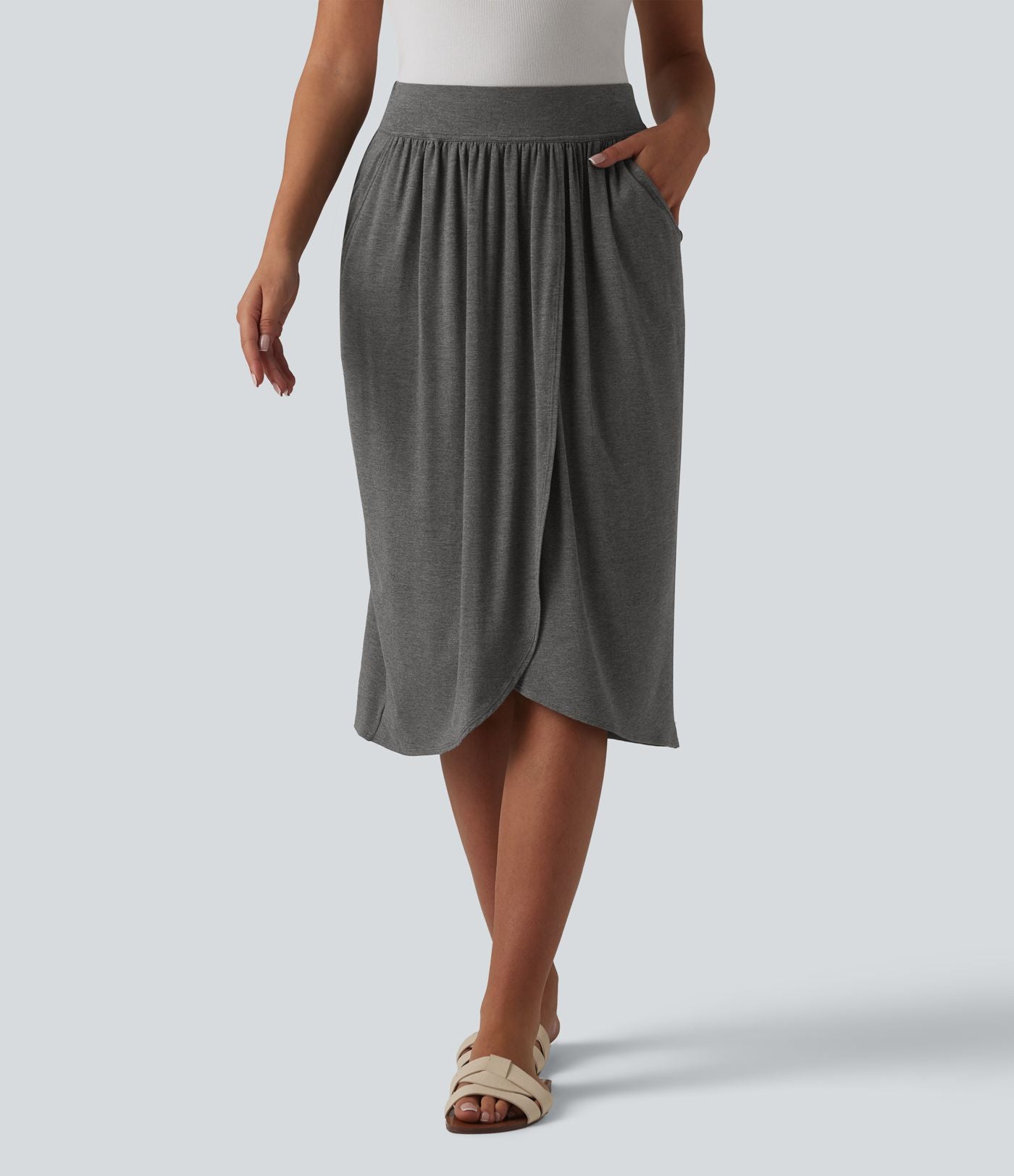 Jupe midi casual taille haute ourlet tulipe avec poches