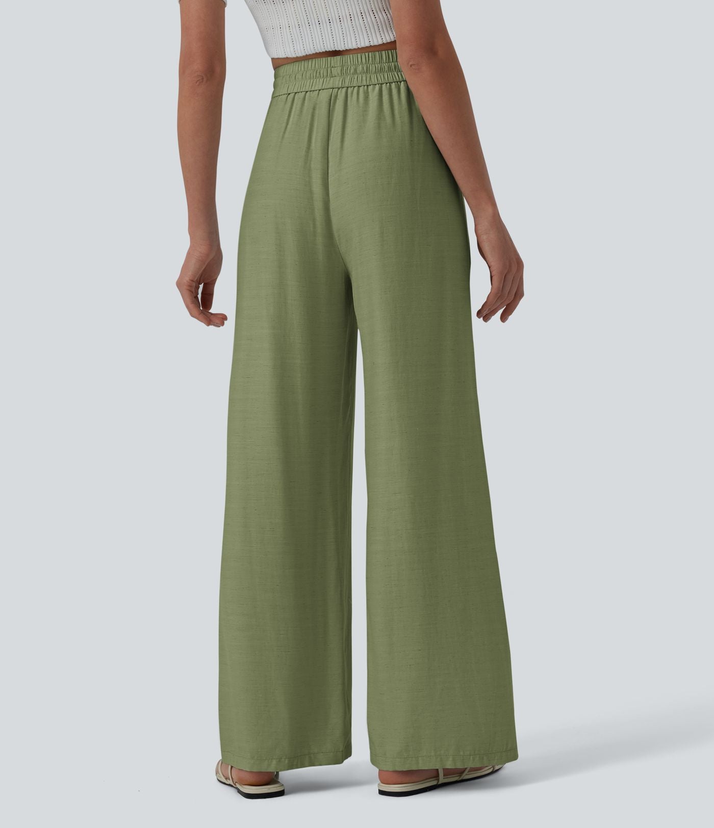 Pantalon casual large fluide mélange lin taille haute avec cordon de serrage et poches
