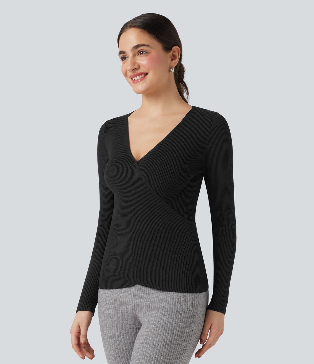 Pull col V manches longues croisé ajusté