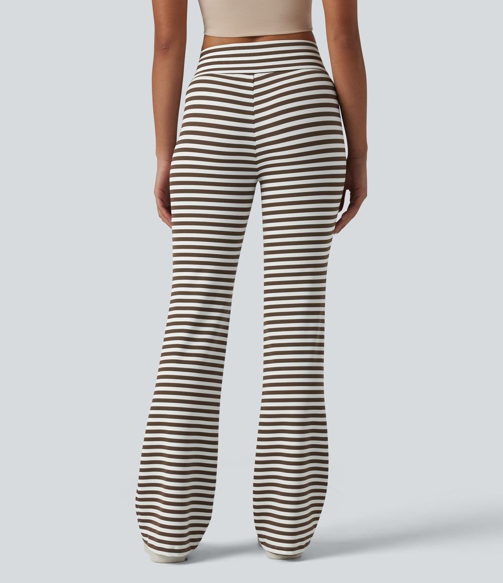 Pantalon évasé décontracté taille haute gainant à rayures en tissu gaufré avec cordon de serrage et poches