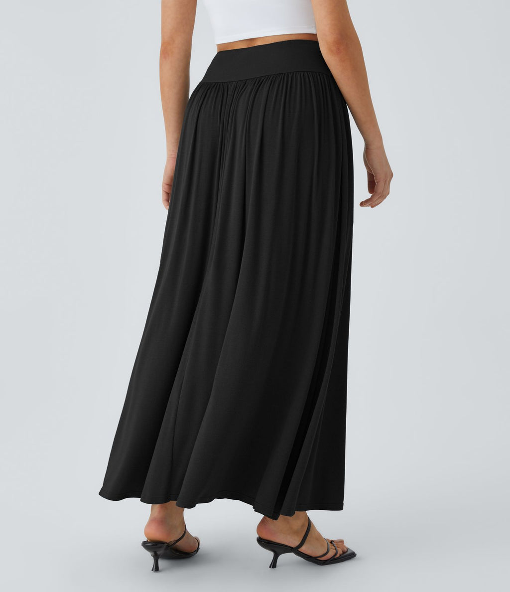 Jupe Maxi Casual Fluide à Taille Haute Côtelée avec Plis et Poches Latérales