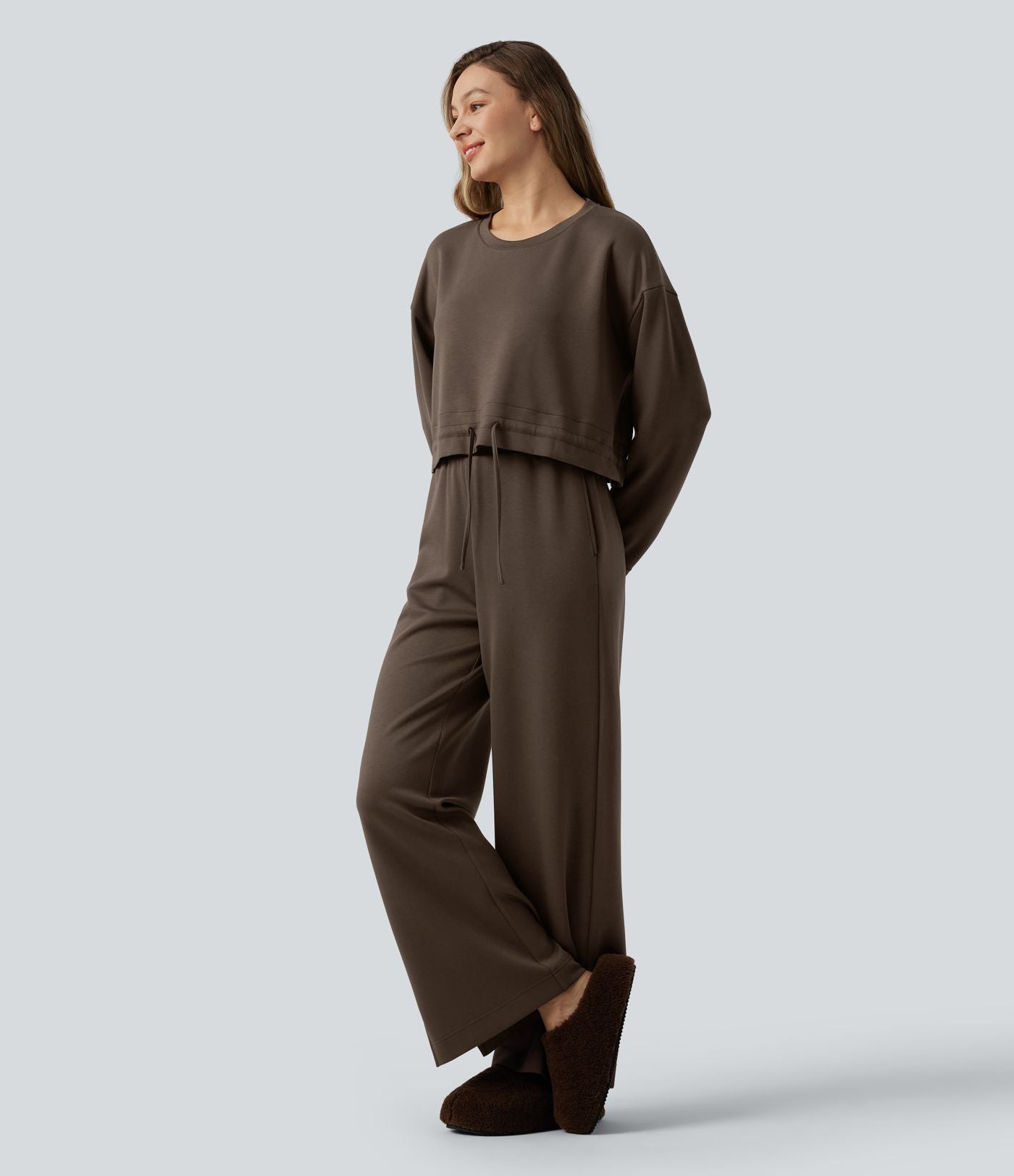 Jogging d'intérieur large taille haute avec cordon de serrage et poches