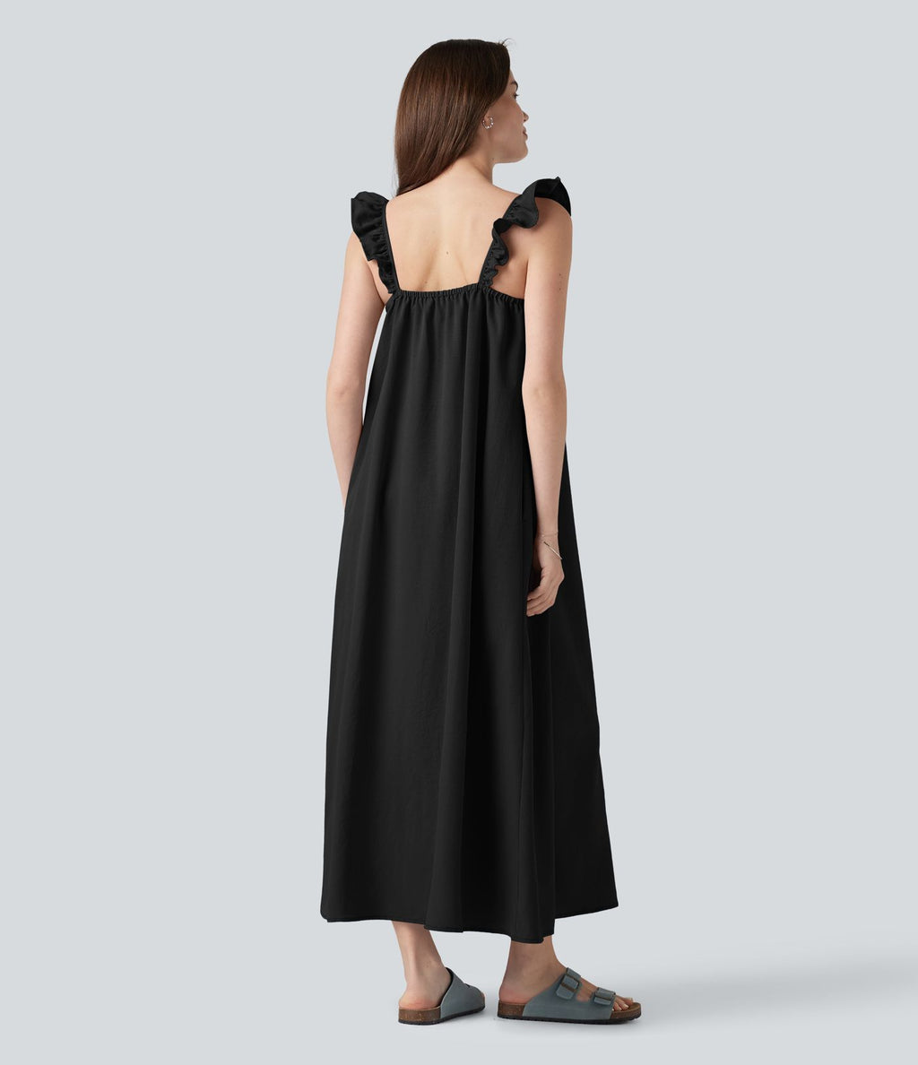 Robe casual fluide midi sans manches col carré avec bordure à volants et poches