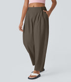 Pantalon tailleur ample, taille moyenne, coupe barrel, à poches