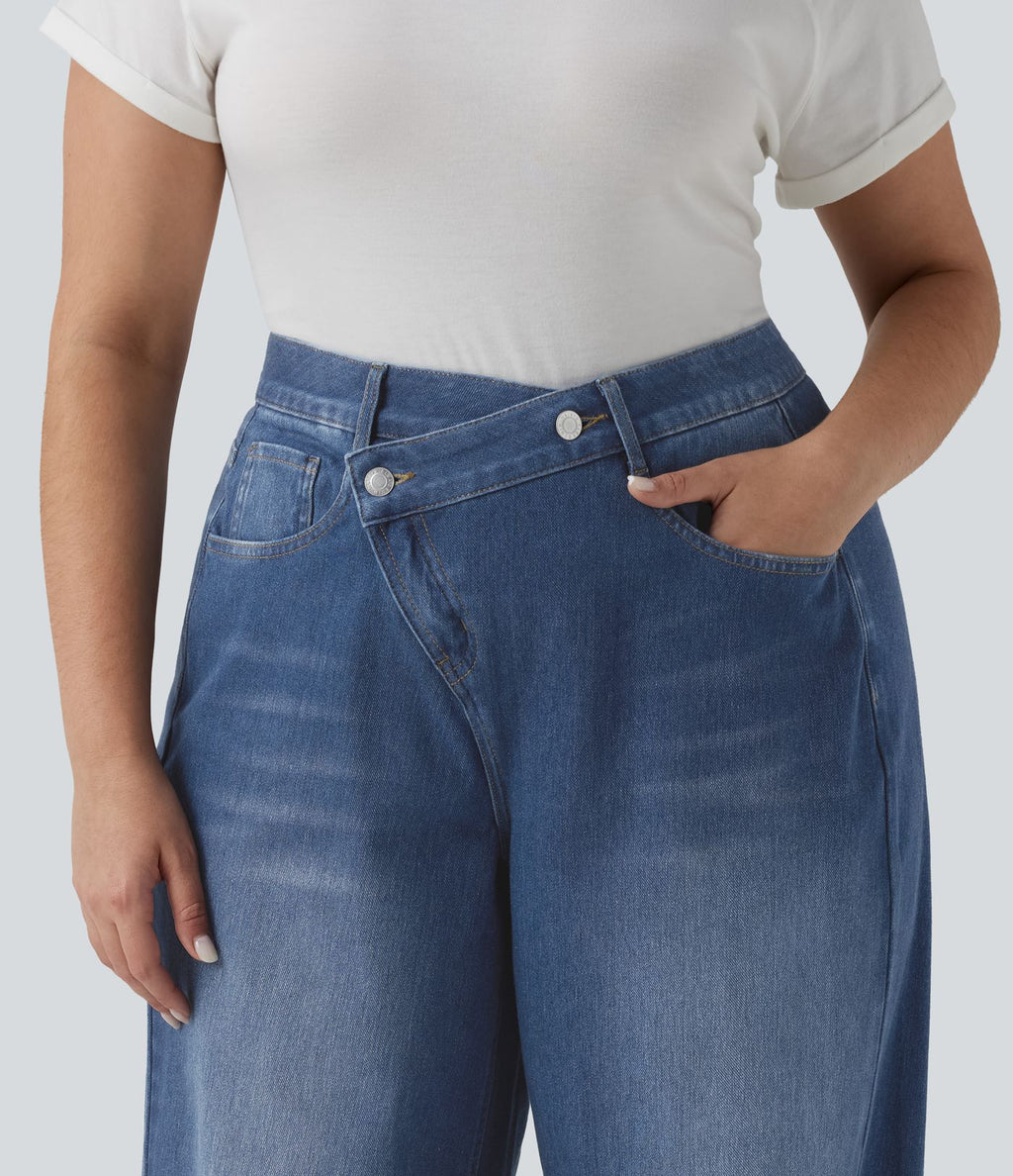 Jean large Halara Flex™ ample casual délavé taille haute asymétrique grande taille avec poches